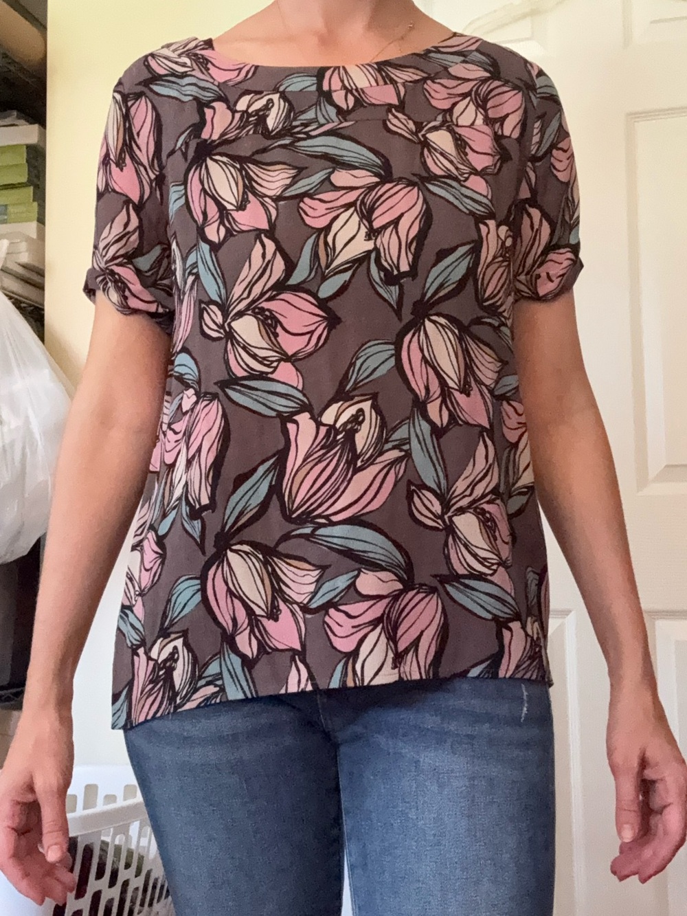 Loft Floral Boatneck Short-Sleeve Blouse in Grey, Pink, Light Blue